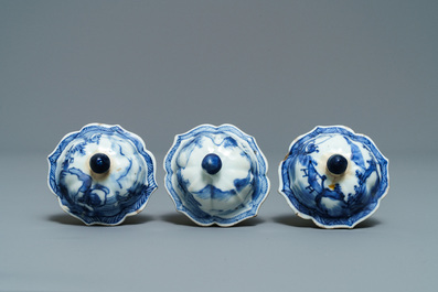A Chinese blue and white five-piece 'landscape' garniture, Kangxi