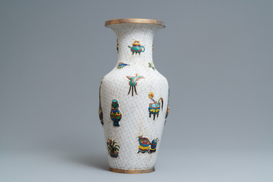 A Chinese cloisonn&eacute; vase with applied design of antiquities, 19th C.