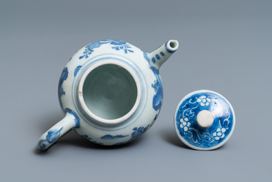 A Chinese blue and white teapot and cover with a figure in a landscape, Hatcher cargo shipwreck, Transitional period