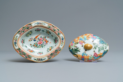 A Chinese Canton famille rose tureen and cover, a plate and a famille rose 'butterfly' bowl, 19th C.