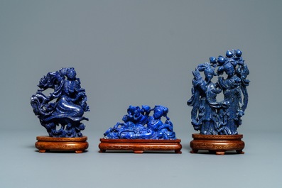 Six groupes en lapis lazuli sculpt&eacute;, Chine, 20&egrave;me