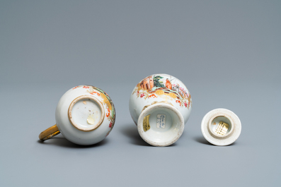 Une bo&icirc;te &agrave; the et un pot &agrave; lait en porcelaine de Chine famille rose de style Meissen, Qianlong