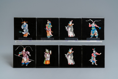 106 polychrome black-ground Dutch Delft tiles with Chinese figures, Makkum, 1985