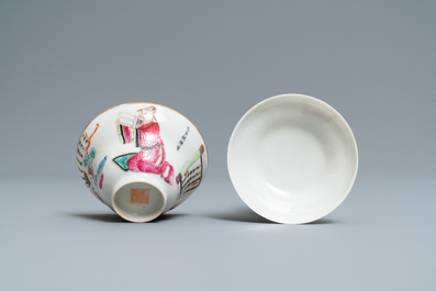 Une tasse couverte et soucoupe en porcelaine de Chine famille rose 'Wu Shuang Pu', marque et &eacute;poque de Daoguang