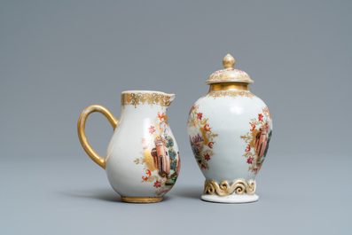 A Chinese famille rose and gilt Meissen-style tea caddy and milk jug, Qianlong