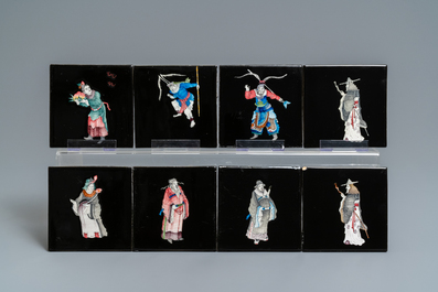 106 polychrome black-ground Dutch Delft tiles with Chinese figures, Makkum, 1985