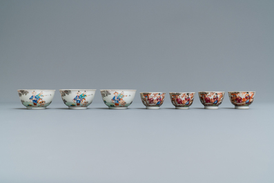 Zeven Chinese famille rose koppen en schotels met mandarijns decor, Qianlong
