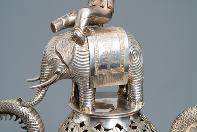 An exceptional large Chinese inscribed silver tripod censer on stand, 19th C.