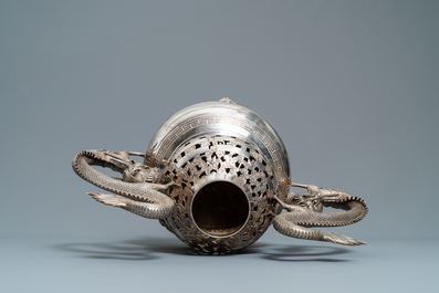 An exceptional large Chinese inscribed silver tripod censer on stand, 19th C.