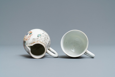 A Chinese famille rose and grisaille cup and saucer with matching jug, Yongzheng