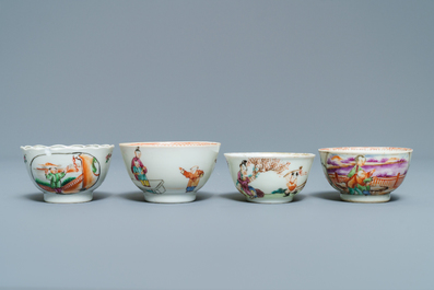 Treize tasses et onze soucoupes en porcelaine de Chine famille rose &agrave; d&eacute;cor mandarin, Qianlong