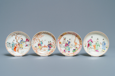 Treize tasses et onze soucoupes en porcelaine de Chine famille rose &agrave; d&eacute;cor mandarin, Qianlong