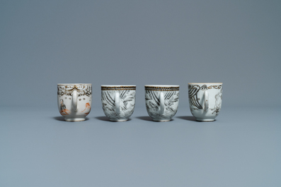 Twelve Chinese grisaille cups and eight saucers, Yongzheng/Qianlong