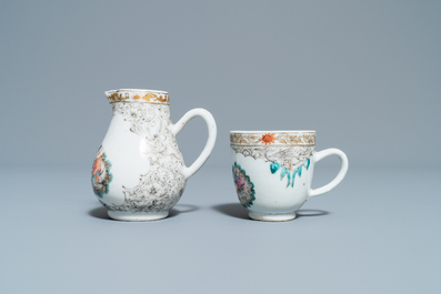 A Chinese famille rose and grisaille cup and saucer with matching jug, Yongzheng