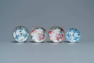 Eight Chinese famille rose, blue and white and iron-red capucin-ground cups and saucers, Kangxi/Qianlong