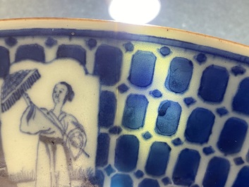 A Chinese blue and white dish after Cornelis Pronk: 'Dames au Parasol', Qianlong