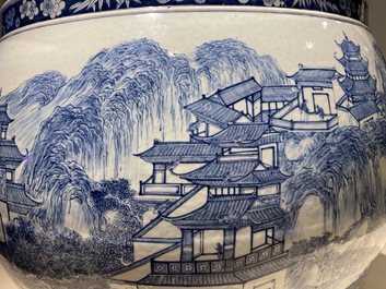 A large Chinese blue and white 'landscape' fish bowl, Qianlong