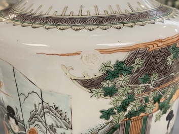 A Chinese famille verte rouleau vase and a famille rose vase, 19th C.