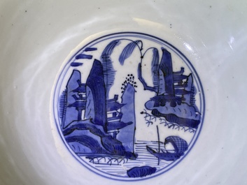 A Chinese blue and white 'pagoda landscape' bowl, Wanli