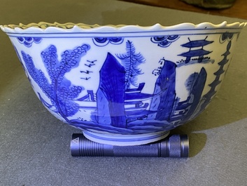A Chinese blue and white 'pagoda landscape' bowl, Wanli