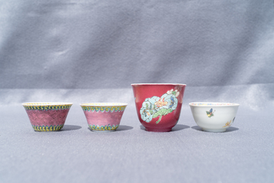 Four Chinese famille rose cups and saucers, Yongzheng/Qianlong