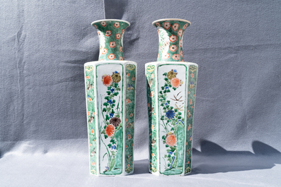 A pair of Chinese famille verte vases with birds and flowers, Kangxi