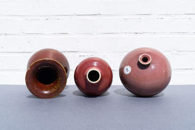 Three Chinese langyao and red flamb&eacute;-glazed vases, 19/20th C.