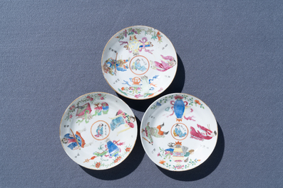 Three Chinese famille rose Wu Shuang Pu cups and saucers, 19th C.