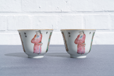 A pair of Chinese famille rose 'Wu Shuang Pu' cups and saucers, 19th C.