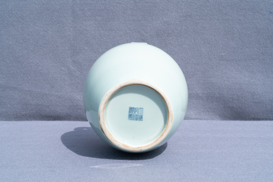 A Chinese monochrome dragon-handled celadon vase, Qianlong mark, 19/20th C.