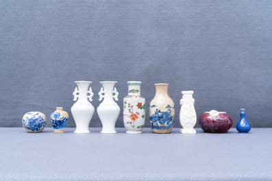 Eight small Chinese vases and a brushwasher, Kangxi and later