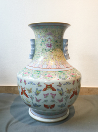A Chinese famille rose 'hu' vase with butterflies, Qianlong merk, 20th C.