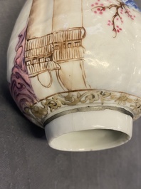 A Chinese famille rose teapot and caddy with a lady holding a small dog, Yongzheng/Qianlong