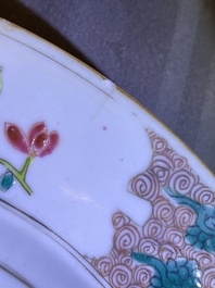 A pair of Chinese famille rose 'rooster' plates, Qianlong