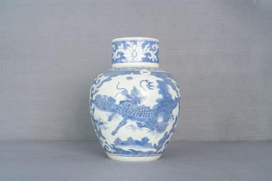 A large Chinese blue and white 'mythical beasts' jar and cover, Hatcher cargo shipwreck, Transitional period