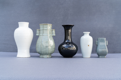 Eleven monochrome Chinese porcelain and Beijing glass vases, Kangxi and later