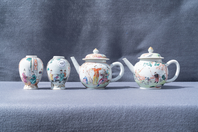 Two Chinese famille rose teapots and two tea caddies, Qianlong