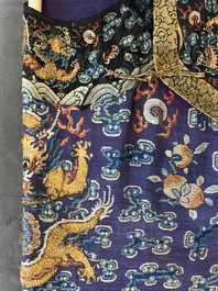 A Chinese embroidered silk purple-ground five-clawed dragon robe, 'jifu', 19th C.