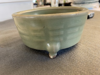 A Chinese Longquan celadon tripod censer with trigrams, Ming