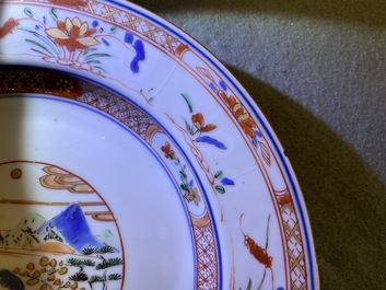Four Chinese verte-Imari and famille rose plates and a dish, Yongzheng/Qianlong
