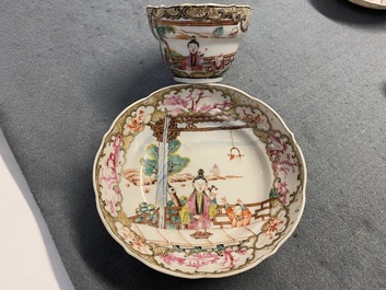 Six Chinese famille rose 'Mandarin' cups and saucers, Qianlong