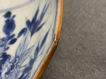 A Chinese blue and white lotus-shaped dish with floral design, Kangxi