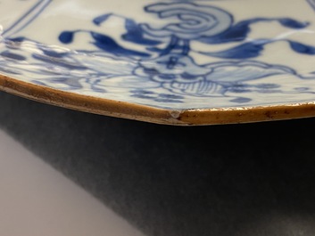 A Chinese blue and white lotus-shaped dish with floral design, Kangxi