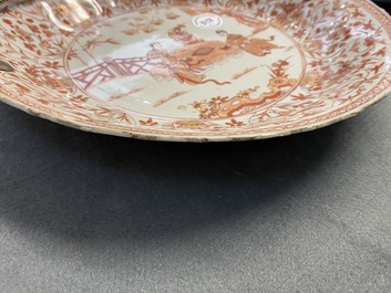 Three Chinese iron-red and gilt plates and a silver-mounted dish, Kangxi