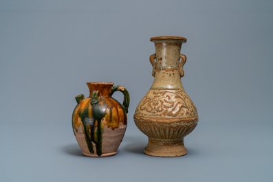 A Chinese sancai ewer and a celadon-glazed bottle vase, Tang and Song