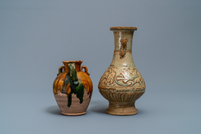 A Chinese sancai ewer and a celadon-glazed bottle vase, Tang and Song