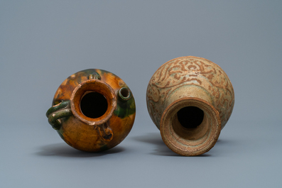 A Chinese sancai ewer and a celadon-glazed bottle vase, Tang and Song