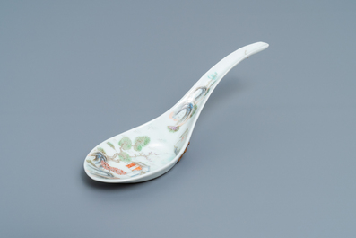 A large Chinese famille rose 'landscape' spoon, Daoguang mark and of the period
