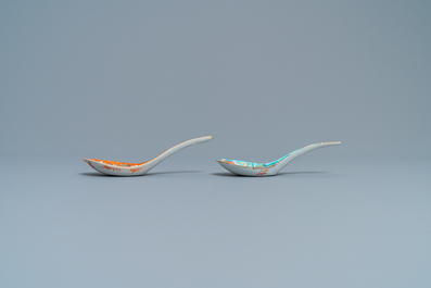 Two Chinese famille rose relief-moulded spoons, Tongzhi mark and of the period