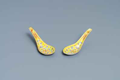 A pair of Chinese famille rose yellow-ground spoons, Guangxu mark and of the period